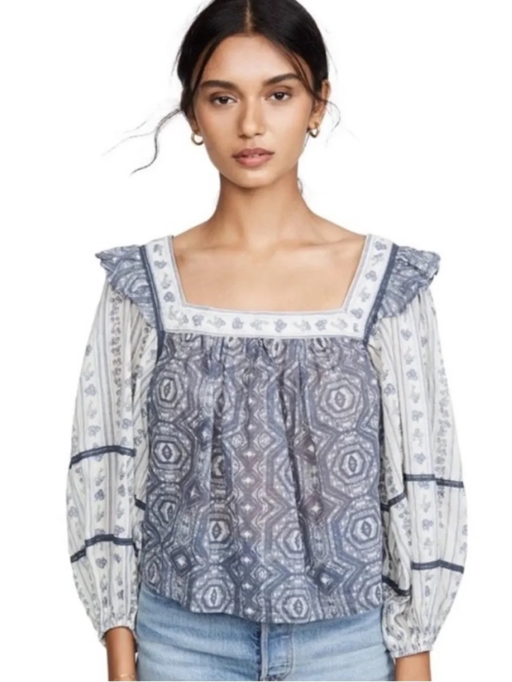 Free People Mostly Meadow Blouse Small Blue White Peasant Summer Cottagecore